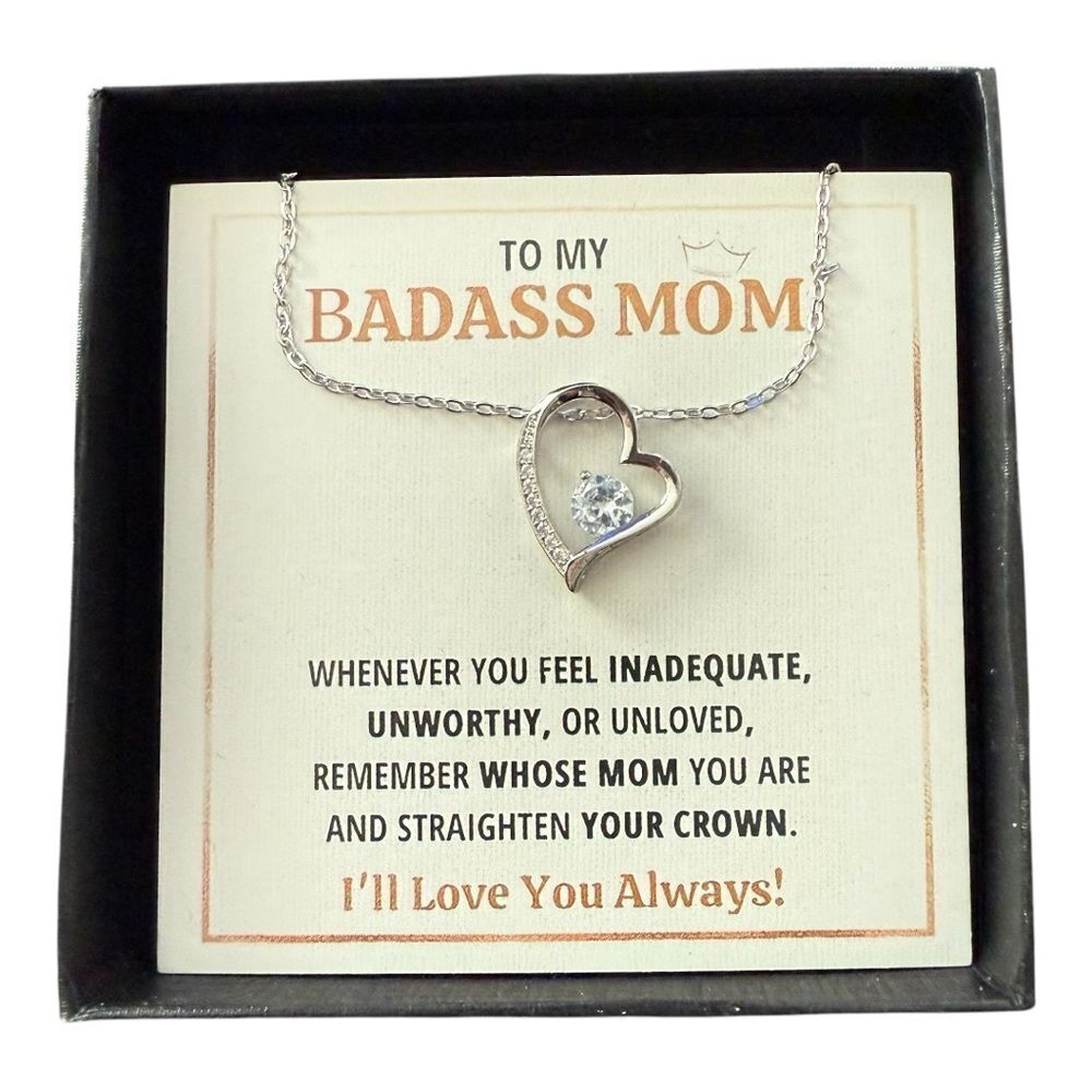Badass Mom Heart Pendant Necklace Silver Tone Gift Box Mother’s Day
